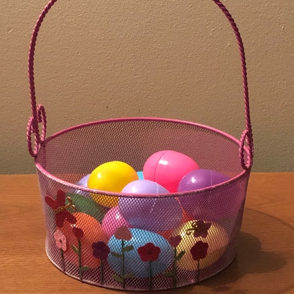 Pink Wire Basket & Plastic Eggs, Glittered Flower Appliqués, 14 2-piece eggs - Picture 2 of 7